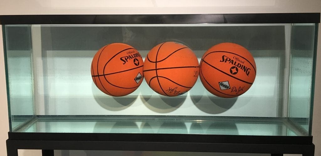 Floating basketballs exhibit at the Museum of Contemporary Art